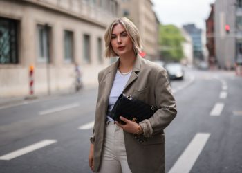 COLOGNE, GERMANY - JUNE 18: Franzi Koenig wearing beige Zara pants, khaki ARKET blazer, black Chanel leather bag and Fafe Collection jewelry on June 18, 2021 in Cologne, Germany. (Photo by Jeremy Moeller/Getty Images)